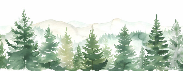 Fototapeta premium A simple watercolor illustration of a forest with pine trees in the background
