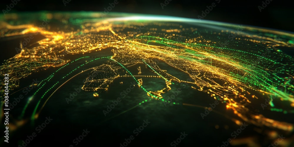 Sticker holographic interface showing trade routes connecting continents.,space for text