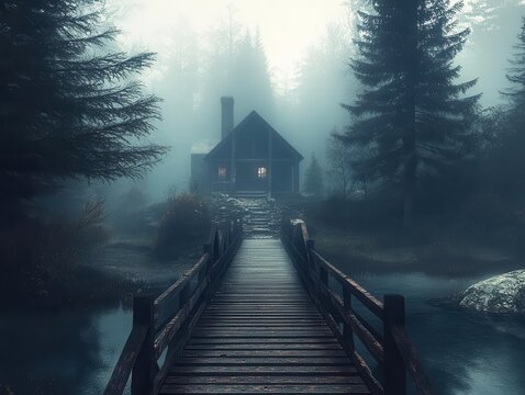 a mystical wooden bridge leading through a fog-laden forest towards an enigmatic house, creating an air of mystery and an invitation to explore the unknown