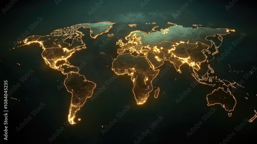 Poster illuminated world map in dark background highlighting global regions and continents with bright line