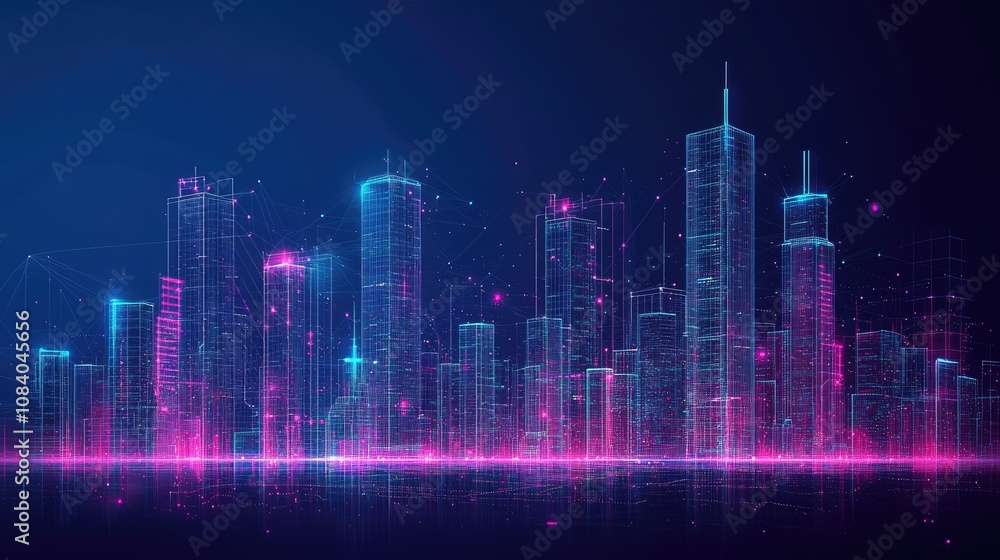 Poster futuristic cityscape with neon lights and digital elements creating an abstract skyline against a da