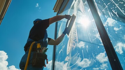 Sunshine and window cleaning: A clear view with squeegee and wiper