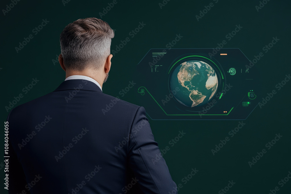 Poster businessman engaged with an advanced digital interface featuring a rotating globe, showcasing global