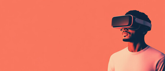 Virtual Reality Exploration, a man immersed in a surreal digital landscape, engaging with advanced AI technology through a VR headset.