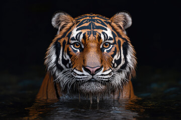 Fototapeta premium Majestic tiger emerging from dark waters, piercing eyes, wet fur, creating an intense and dramatic atmosphere in a wild habitat.