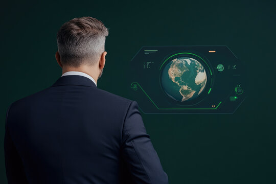 Businessman engaged with an advanced digital interface featuring a rotating globe, showcasing global connectivity and innovation.