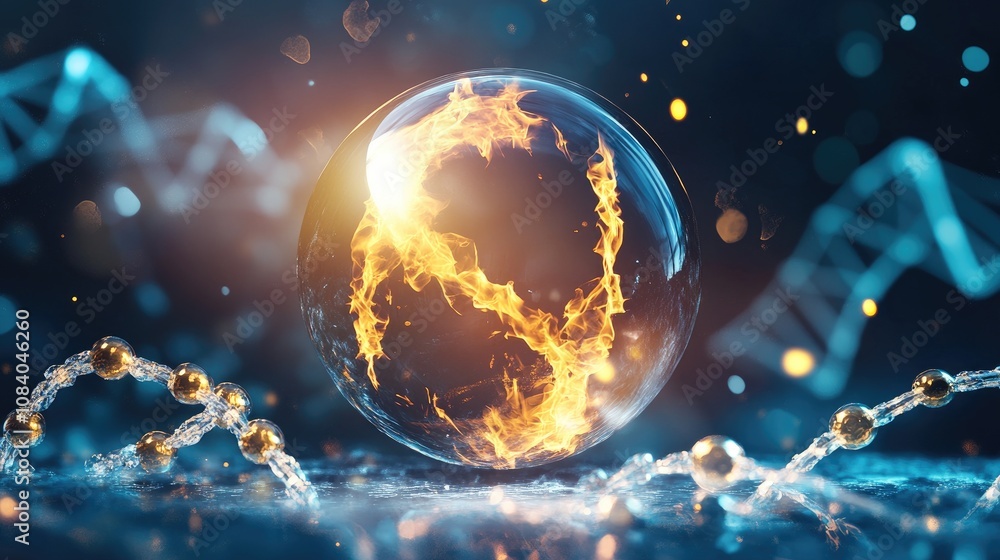 Poster here's a possible and keyword list for the image... fiery dna helix inside a glass sphere, futuristi