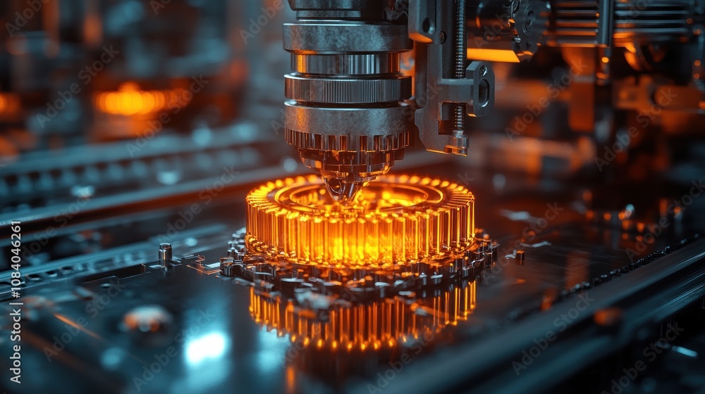 Poster high-tech machinery creating a glowing gear component.