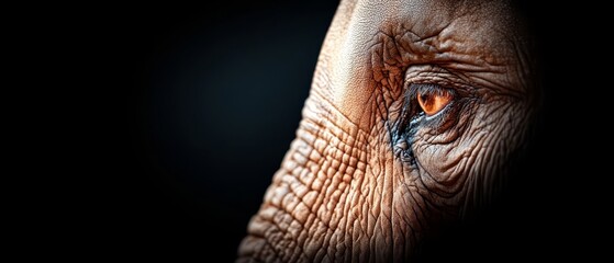  A close up of an elephant's eye with a black background
