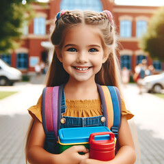 Portrait of a Little Girl Going Back to School . Child wearing a backpack ready for the first day...