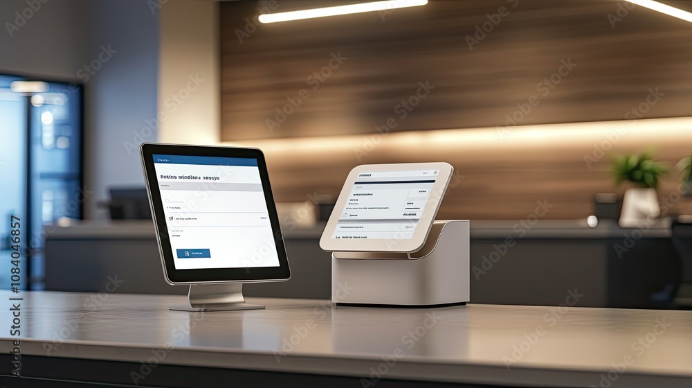 Poster modern digital checkout stations in a stylish office environment featuring tablets on a reception de