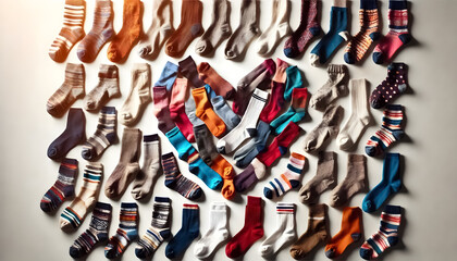 Heart-shaped socks arrangement, National Sock Day, plain background, ample space.