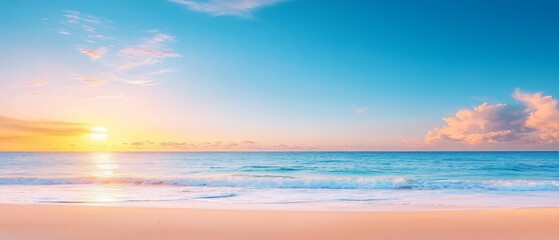 Obraz premium A beautiful sunset over the ocean with a beach in the foreground