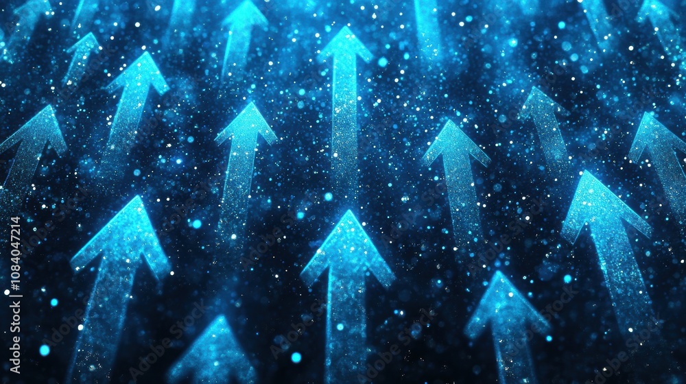 Poster abstract background with glowing blue arrows and sparkling particles representing growth, progress, 