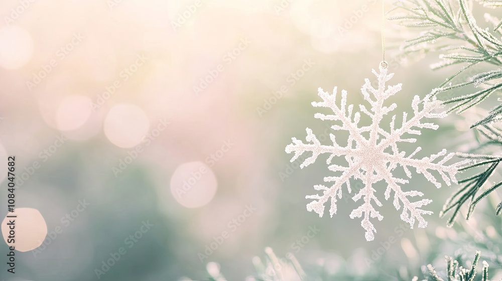 Poster delicate frosted snowflake ornament hanging on evergreen branch with soft focus background and gentl