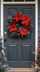 A wreath on the front door of a house decorated for Christmas