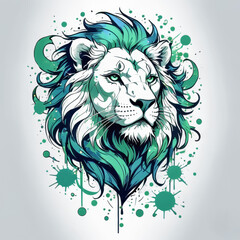Fototapeta premium Vibrant green lion head with abstract paint splashes