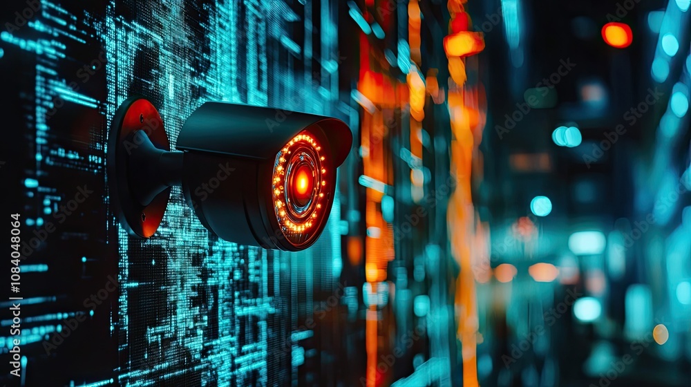 Poster modern security camera surveillance in a high-tech environment with digital patterns and neon lighti