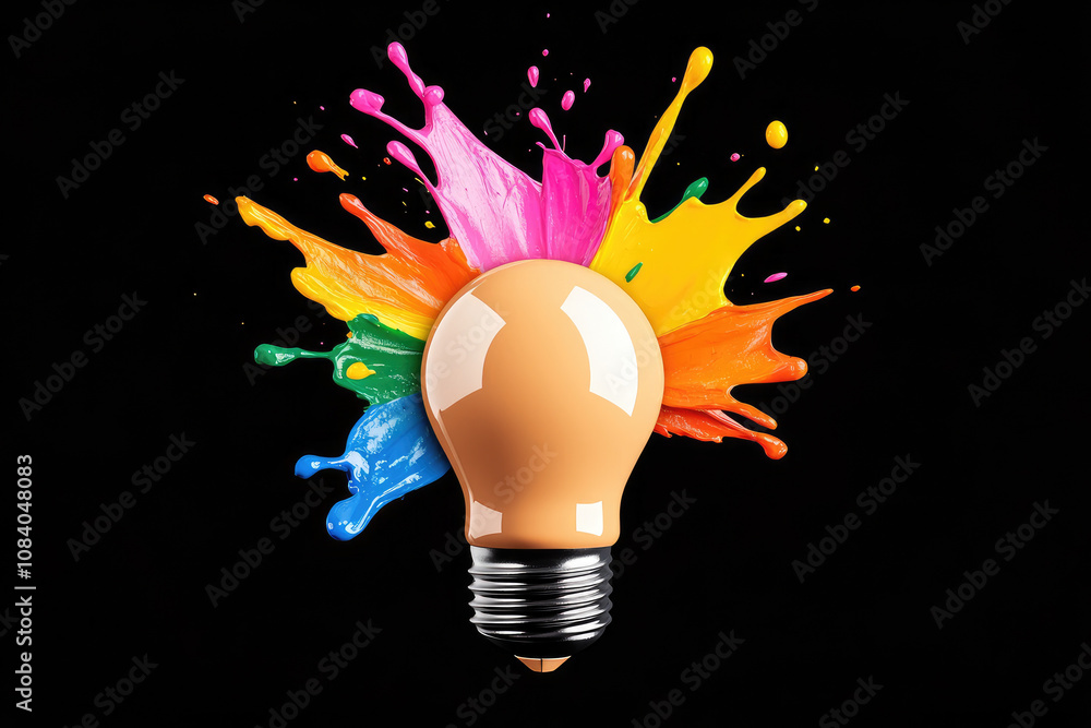 Poster vibrant paint explosion, a light bulb erupts with colorful splashes, creating a dynamic contrast aga