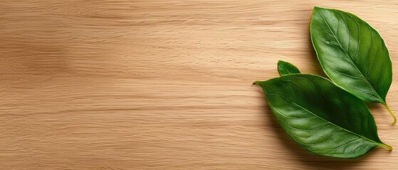 Two green leaves on a wooden surface
