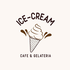 Creative ice-cream shop logo design,vector emblem. Soft ice cream in wafer cone with sweet chocolate syrup drops for Italian gelato and ice cream shop or cafe menu