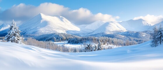 Obraz premium A snow covered mountain range with trees in the foreground