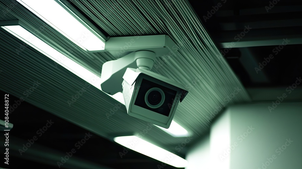 Poster high-detail close-up of security camera mounted on ceiling in modern architecture with ambient light