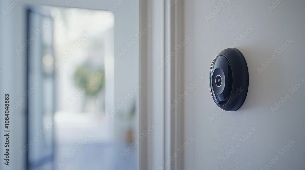 Poster Modern Smart Home Device Installed on Wall with Soft Focus Background of an Open Space, Signifying Future Technology in Home Automation and Security