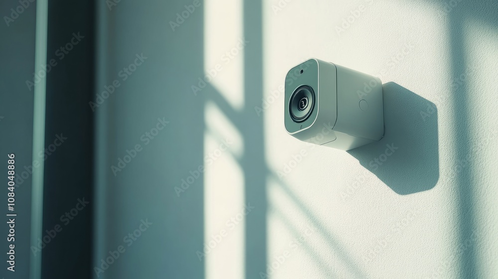 Poster modern security camera mounted on a wall in a brightly lit room with shadows and soft lighting creat