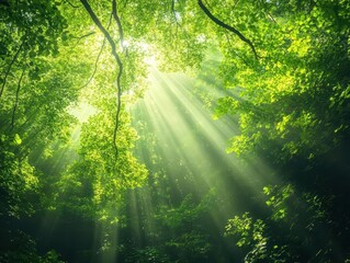 Fototapeta premium aerial view showcasing a lush forest canopy, sunlight filtering through leaves, creating a serene and vibrant green tapestry that highlights nature's beauty