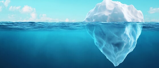 An iceberg floating in the ocean with a blue sky in the background