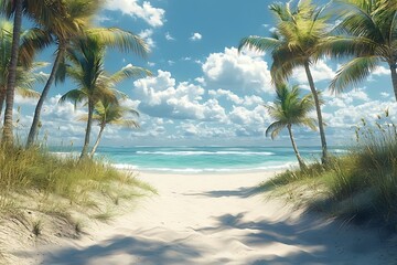 Obraz premium Sunny Beach Path Through Palm Trees and Turquoise Water