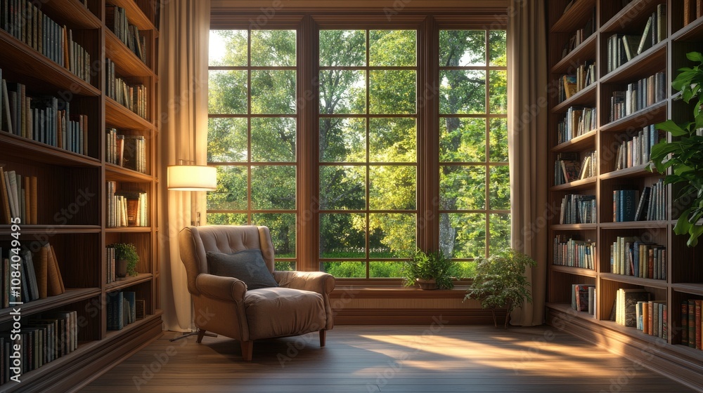 Poster cozy reading nook in a bright library with large windows framing a serene view of lush greenery outs