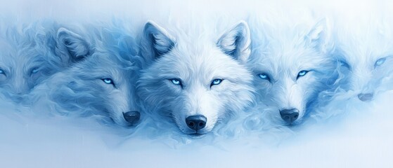 Naklejka premium A group of white wolves with blue eyes in the snow
