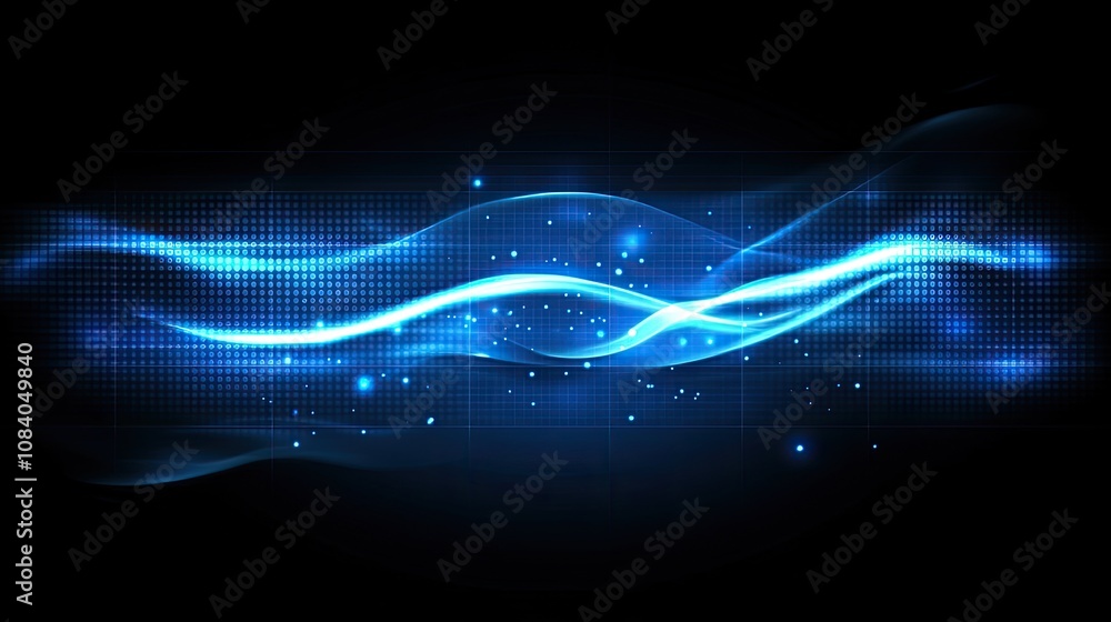 Poster abstract digital waves with glowing blue light effects and dots on a dark background for creative an