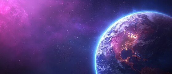 Obraz premium A view of the earth from space with a purple nebula in the background
