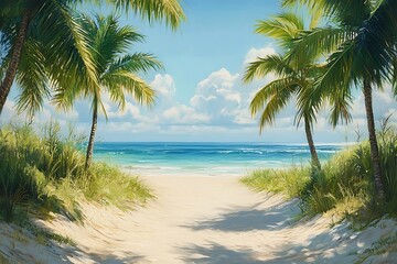 Sunny Beach Pathway Through Lush Palm Trees1