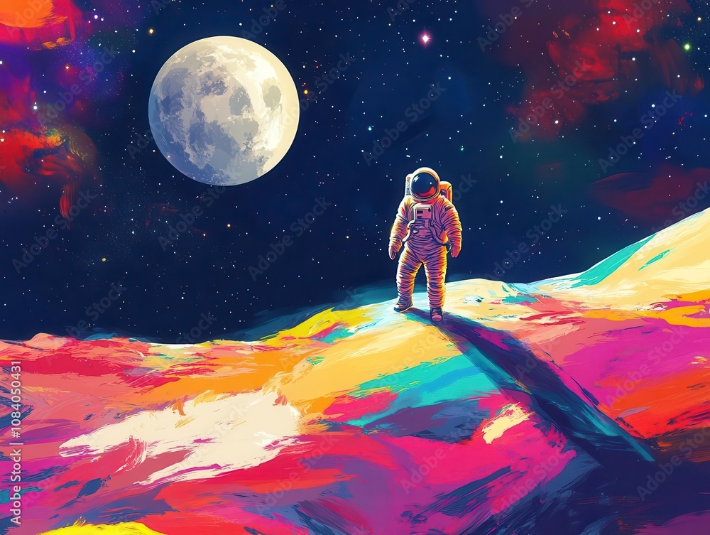 Poster astronaut walking on a colorful moon surface, vivid colors and sparkling stars in the backdrop, a se