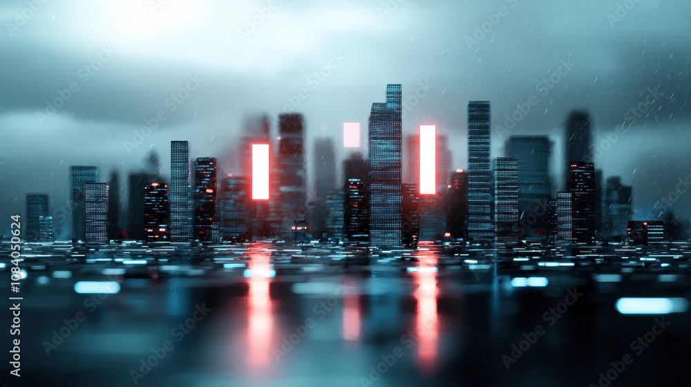 Poster futuristic cityscape with holographic projections of data streams and network connections, symbolizi