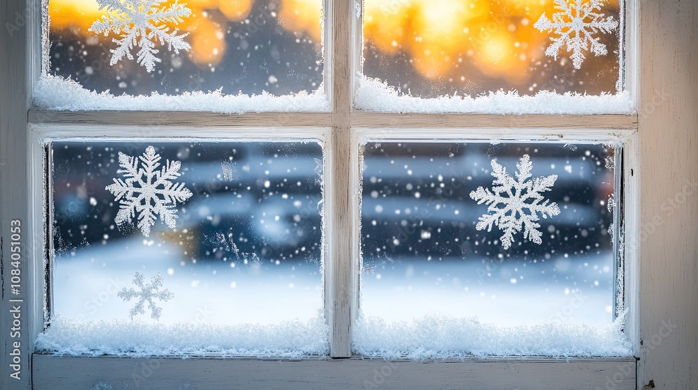 Poster beautiful winter window scene with snowflakes and soft light creating a cozy atmosphere during a sno