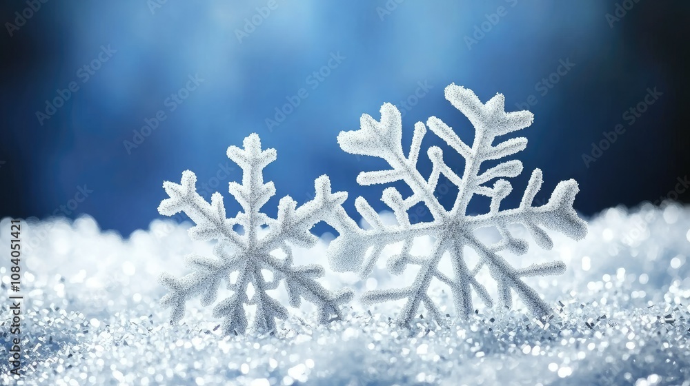 Poster beautiful close-up of delicate snowflakes resting on sparkling snow, showcasing intricate patterns a