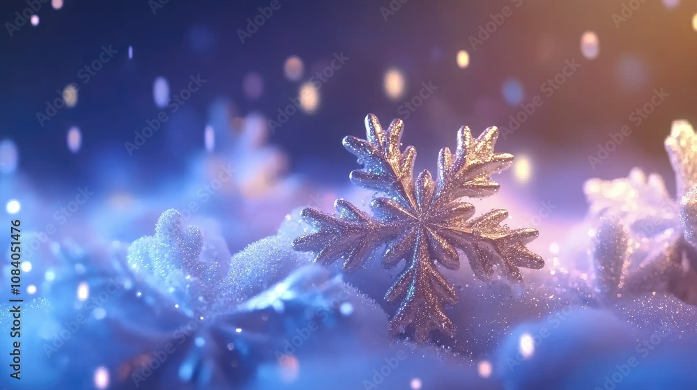 Poster stunning close-up of sparkling snowflakes on soft snow surface with dreamy bokeh effects in a winter