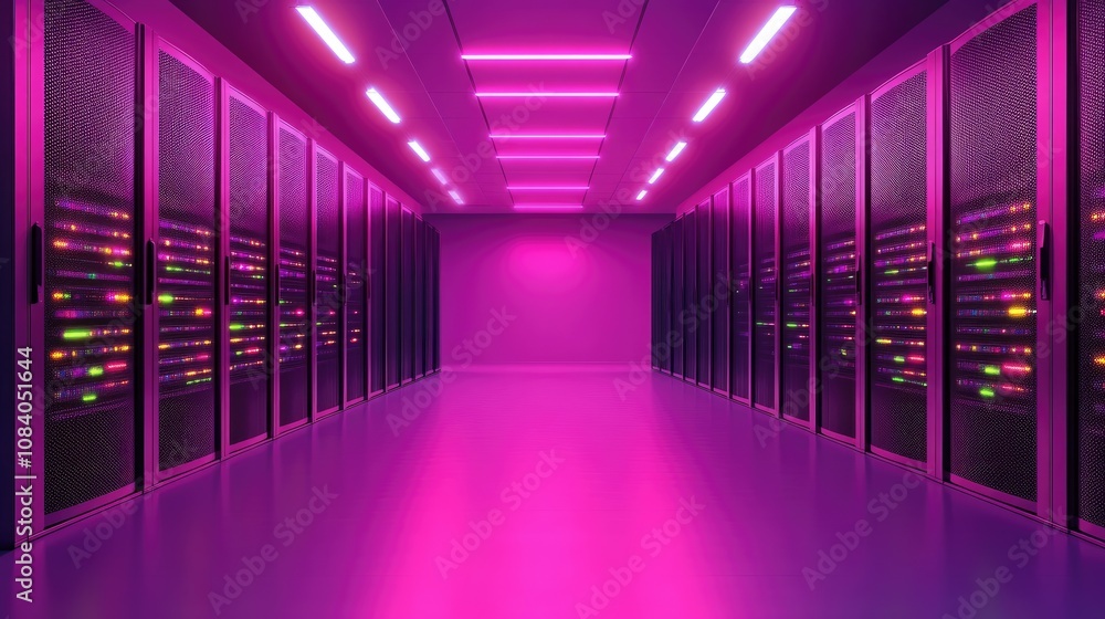 Poster futuristic data center with neon pink lighting and rows of server racks showcasing modern technology