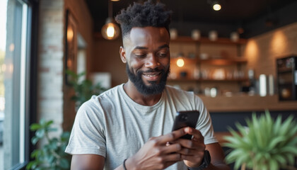 Happy man using smartphone in cozy cafe interior with modern lighting