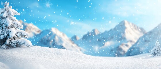 Obraz premium A snowy landscape with trees and mountains in the background