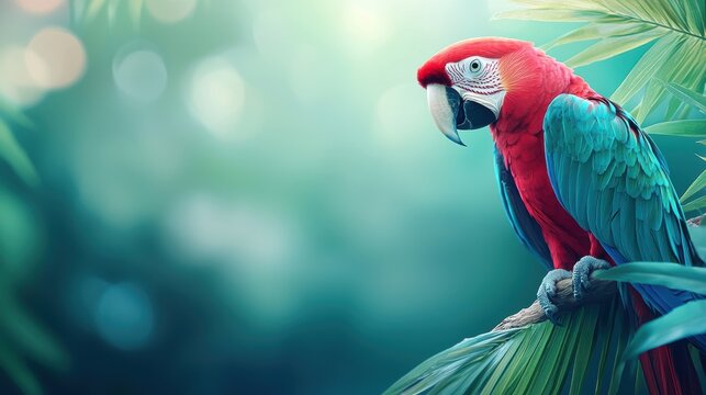 A close up shot of a colorful parrot perched on a branch, with lush green foliage and a blurred background of tropical vegetation.