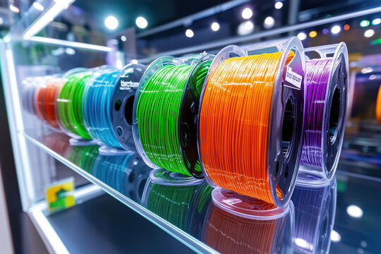 Colorful pla and abs filaments for 3d printers on display shelf, reflecting in glass surface