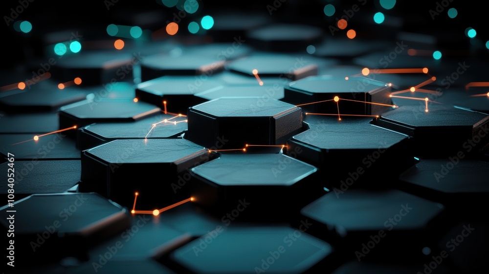 Poster complex network structure composed of interconnected triangles, circles, and squares, with glowing l