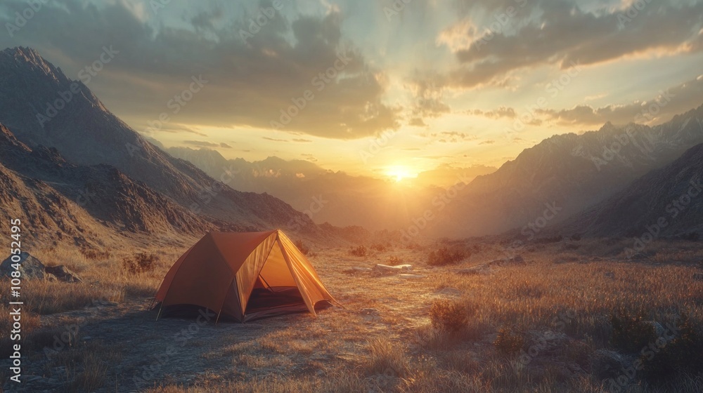 Aufkleber a small orange tent is set up in a field with mountains in the background