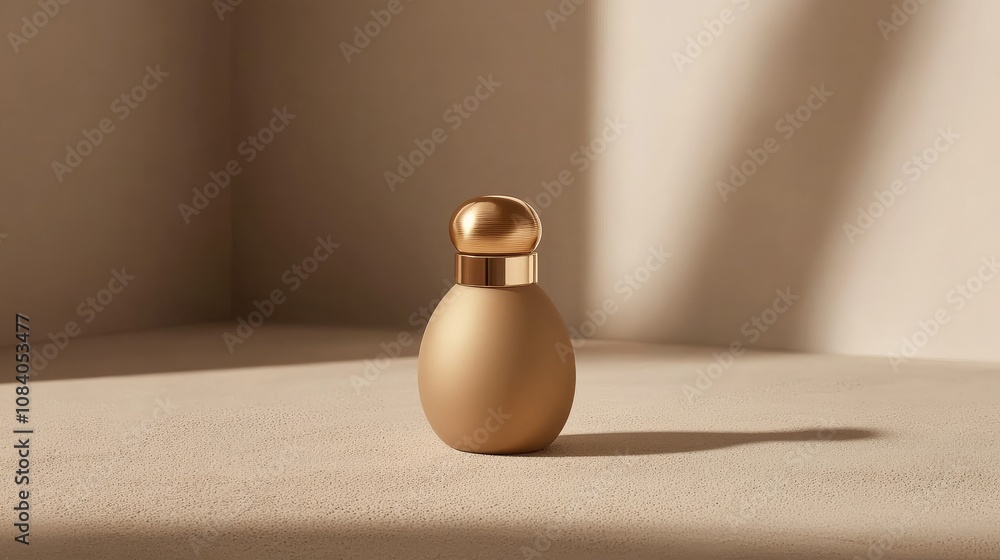Poster elegant gold perfume bottle on a soft beige surface with subtle shadows creating a luxurious atmosph